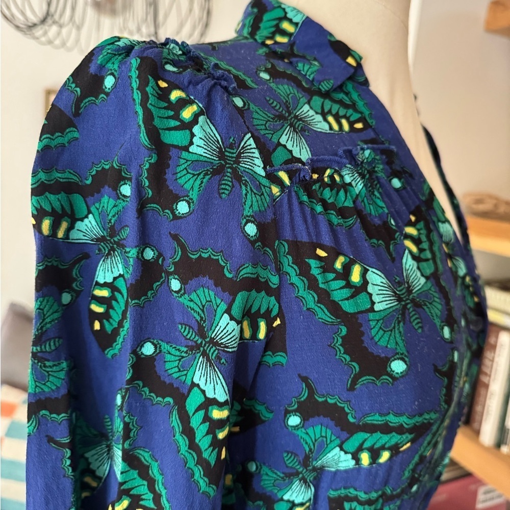Maeve Anthropologie Vibrant Blue and Green Long Sleeve Butterfly Shirt Dress - Picture 4 of 7
